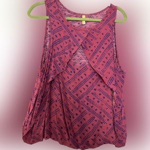 Free People Pink w/ blue print Layered Keyhole Tunic Tank Top Womens